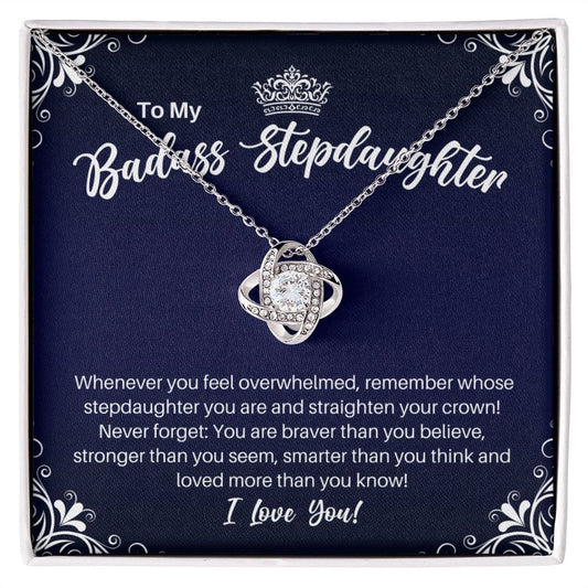 To My Badass Stepdaughter Necklace - Straighten Your Crown - Motivational Graduation Gift - Stepdaughter Birthday Christmas Gift 14K White Gold Finish / Standard Box