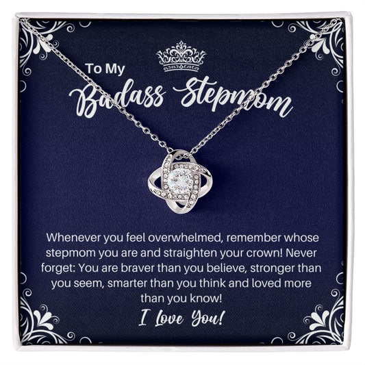 To My Badass Stepmom Necklace - Straighten Your Crown - Motivational Graduation Gift - Stepmother Birthday Mother's Day Christmas Gift 14K White Gold Finish / Standard Box