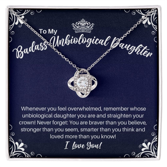 To My Badass Unbiological Daughter Necklace - Straighten Your Crown - Motivational Graduation Gift - Stepdaughter Birthday Christmas Gift 14K White Gold Finish / Standard Box