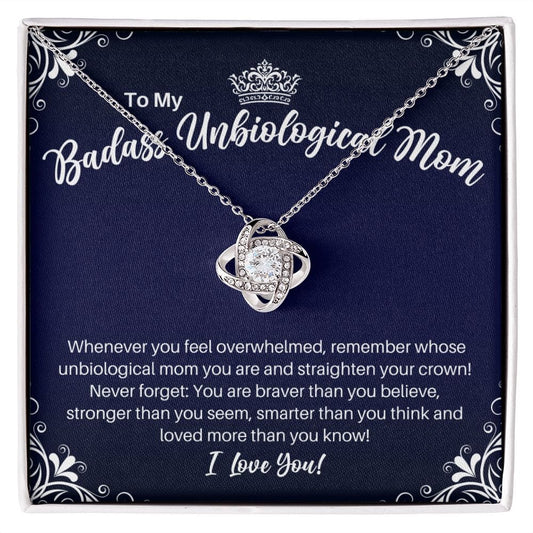 To My Badass Unbiological Mom Necklace - Straighten Your Crown - Motivational Graduation Stepmom Mother-in-Law Birthday Christmas Gift 14K White Gold Finish / Standard Box