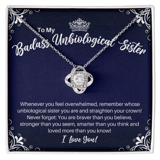 To My Badass Unbiological Sister Necklace - Straighten Your Crown - Motivational Graduation Stepsister Sister-in-Law Birthday Christmas Gift 14K White Gold Finish / Standard Box