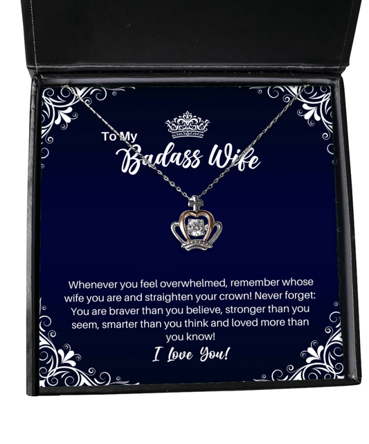 To My Badass Wife Crown Necklace - Straighten Your Crown - Motivational Graduation Gift - Wife Birthday Anniversary Valentine's Day Christmas Gift
