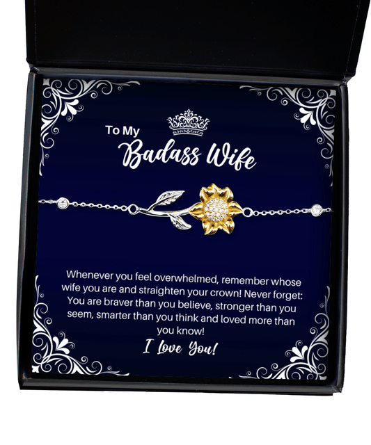 To My Badass Wife Sunflower Bracelet - Straighten Your Crown - Motivational Graduation Gift - Wife Birthday Anniversary Valentine's Day Christmas Gift