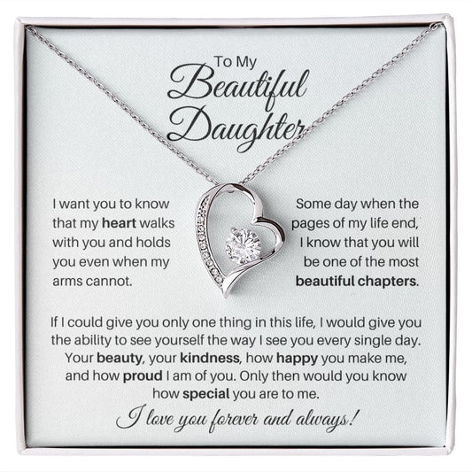 To My Beautiful Daughter Necklace - My Heart Walks With You - Forever Love Jewelry Gift for Daughter 14k White Gold Finish / Standard Box