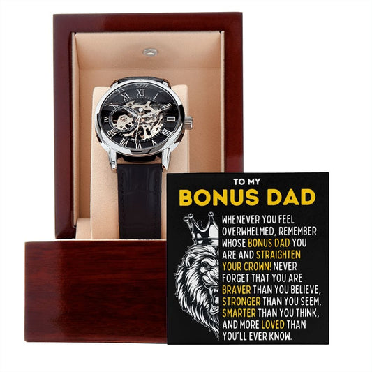 To My Bonus Dad Openwork Skeleton Watch - Gift for Stepdad, Father-in-Law - Motivational Graduation, Birthday, Christmas, Wedding Gift