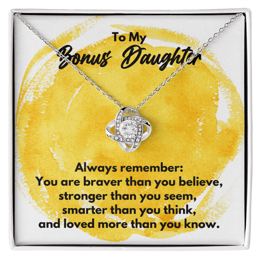 To My Bonus Daughter Love Knot Necklace - Always Remember Motivational Graduation Gift - Bonus Daughter Wedding Gift - Birthday Gift 14K White Gold Finish / Standard Box