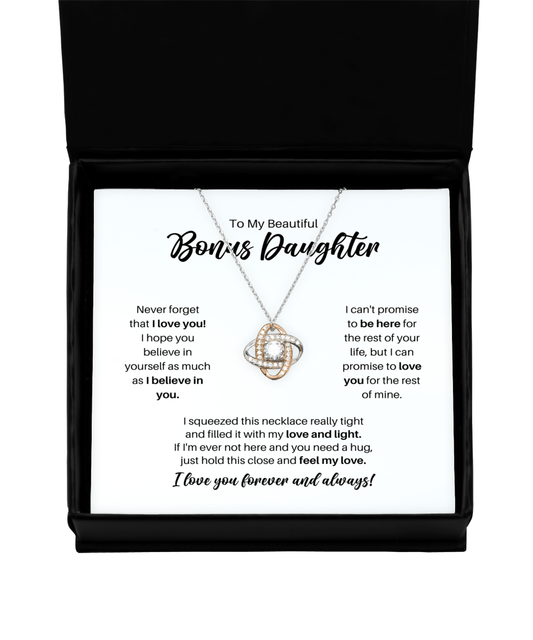 To My Bonus Daughter Necklace - Promise to Love You - Love Knot Rose Gold Necklace for Birthday, Mother's Day, Christmas - Jewelry Gift for Stepdaughter, Daughter-in-Law