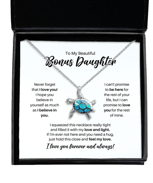 To My Bonus Daughter Necklace - Promise to Love You - Opal Turtle Necklace for Birthday, Mother's Day, Christmas - Jewelry Gift for Stepdaughter, Daughter-in-Law