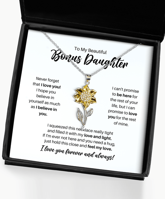 To My Bonus Daughter Necklace - Promise to Love You - Sunflower Necklace for Birthday, Mother's Day, Christmas - Jewelry Gift for Stepdaughter, Daughter-in-Law