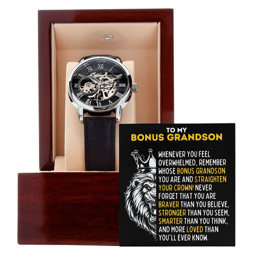 To My Bonus Grandson Openwork Skeleton Watch - Gift for Grandson-in-Law - Motivational Graduation, Birthday, Christmas, Wedding Gift