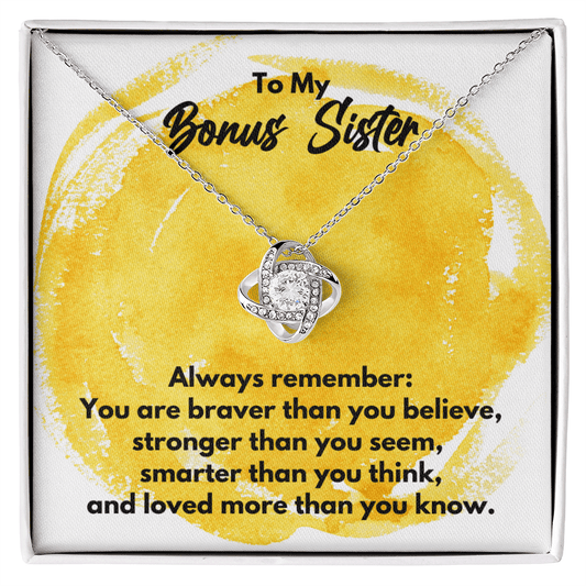 To My Bonus Sister Love Knot Necklace - Always Remember Motivational Graduation Gift - Bonus Sister Wedding Gift - Birthday Gift 14K White Gold Finish / Standard Box