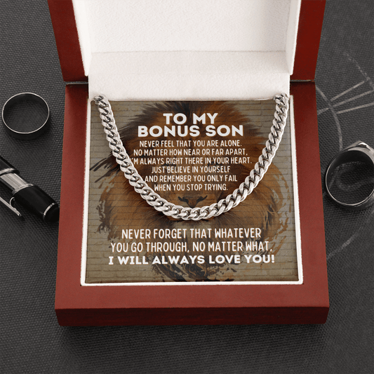 To My Bonus Son Cuban Link Chain Necklace - Motivational Gift for Bonus Son Cuban Link Chain (Stainless Steel)