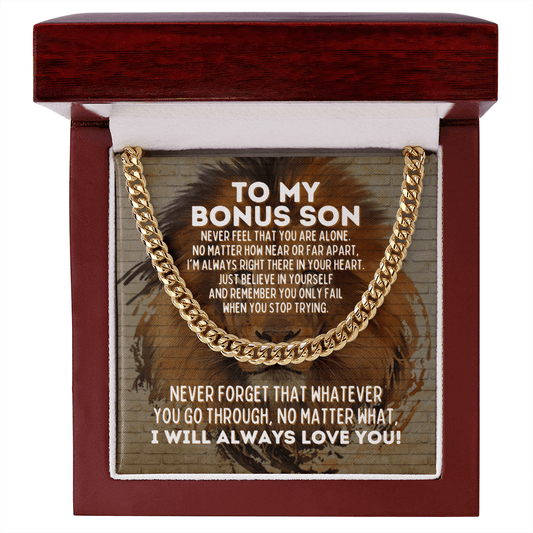 To My Bonus Son Cuban Link Chain Necklace, Motivational Graduation Gift for Bonus Son, Bonus Son Wedding Gift, Birthday Gift for Bonus Son 14K Gold Over Stainless Steel Cuban Link Chain / Luxury Box