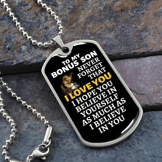 To My Bonus Son Lion Dog Tag Necklace - Never Forget I Love You - Motivational Graduation Gift - Bonus Son Birthday Gift - Christmas Gift Military Chain (Silver) / No