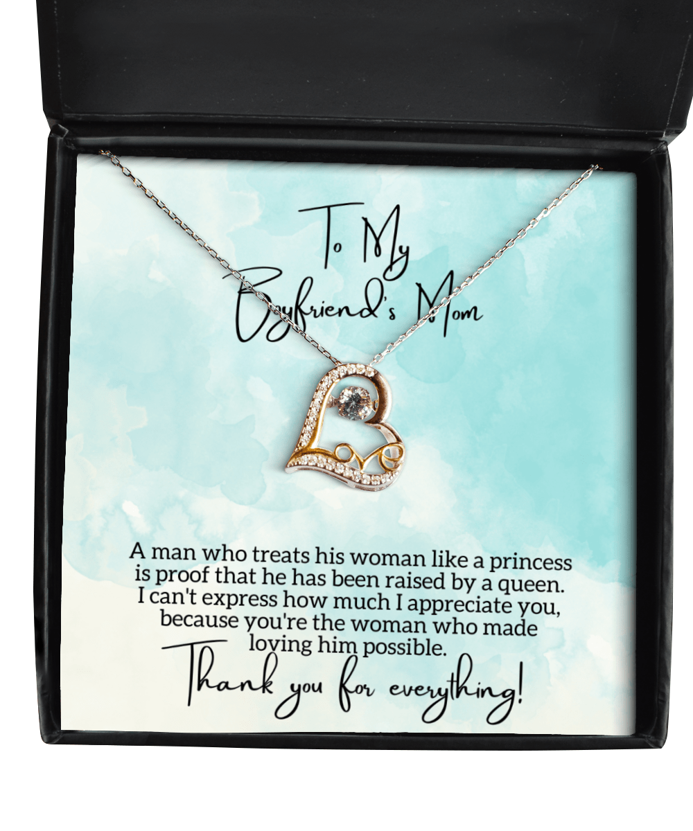 To My Boyfriend's Mom - Raised by a Queen - Love Dancing Heart Necklace for Mother's Day, Birthday - Jewelry Gift for Boyfriend's Mother