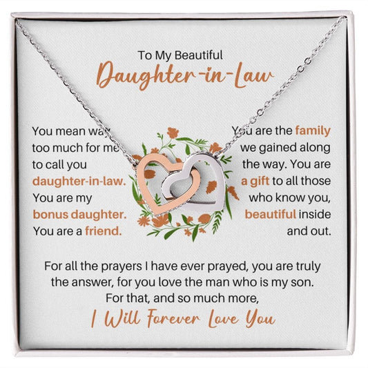 To My Daughter-in-Law Interlocking Hearts Necklace - Gift for Bonus Daughter Polished Stainless Steel & Rose Gold Finish / Standard Box