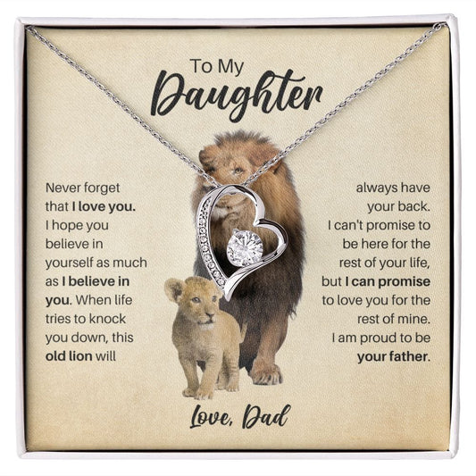 To My Daughter Love Dad Necklace - Old Lion Forever Love Heart Gift for Daughter 14k White Gold Finish / Standard Box