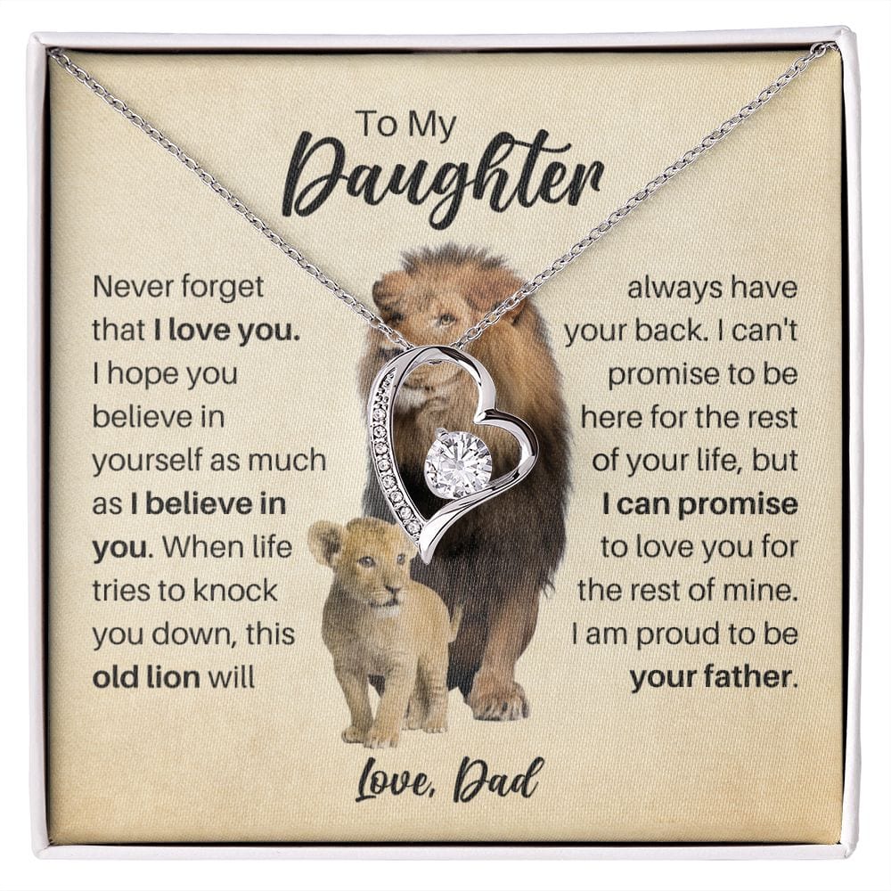 To My Daughter Love Dad Necklace - Old Lion Forever Love Heart Gift for Daughter 14k White Gold Finish / Standard Box