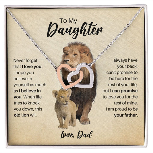 To My Daughter Love Dad Necklace - Old Lion Interlocking Hearts Gift for Daughter Polished Stainless Steel & Rose Gold Finish / Standard Box