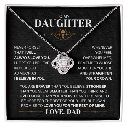To My Daughter Love Dad - Straighten Your Crown - Love Knot Necklace 14K White Gold Finish / Standard Box
