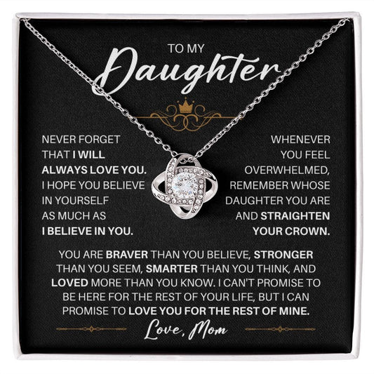 To My Daughter Love Mom - Straighten Your Crown - Love Knot Necklace 14K White Gold Finish / Standard Box