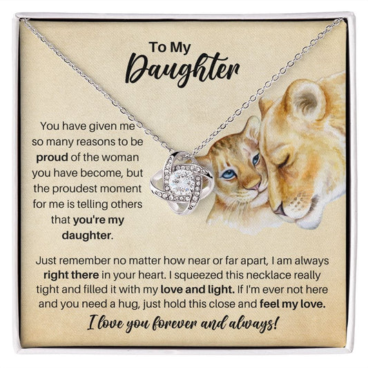 To My Daughter Proud Lion Love Knot Necklace 14K White Gold Finish / Standard Box