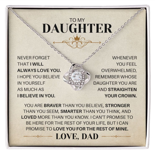 To My Daughter - Straighten Your Crown - Love Knot Necklace 14K White Gold Finish / Standard Box