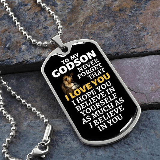 To My Godson Lion Dog Tag Necklace - Never Forget I Love You - Motivational Graduation Gift - Godson Birthday Gift - Christmas Gift Military Chain (Silver) / No