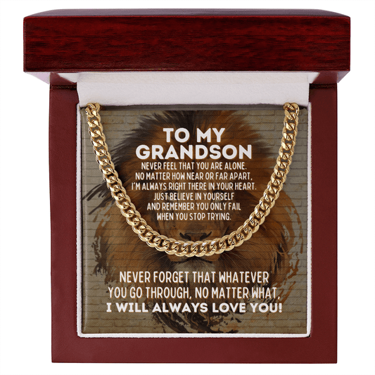 To My Grandson Cuban Link Chain Necklace - Motivational Gift for Grandson's Graduation - Grandson Wedding Gift - Birthday Gift for Grandson 14K Gold Over Stainless Steel Cuban Link Chain / Luxury Box