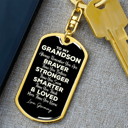 To My Grandson Dog Tag Keychain - Always Remember You Are Braver - Motivational Graduation Gift - Grandson Birthday Gift - Christmas Gift
