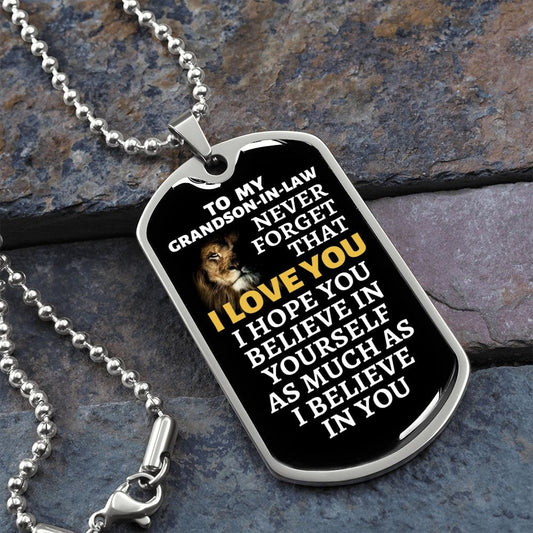 To My Grandson-in-Law Lion Dog Tag Necklace - Never Forget I Love You - Motivational Graduation Gift - Birthday Present - Christmas Gift Military Chain (Silver) / No