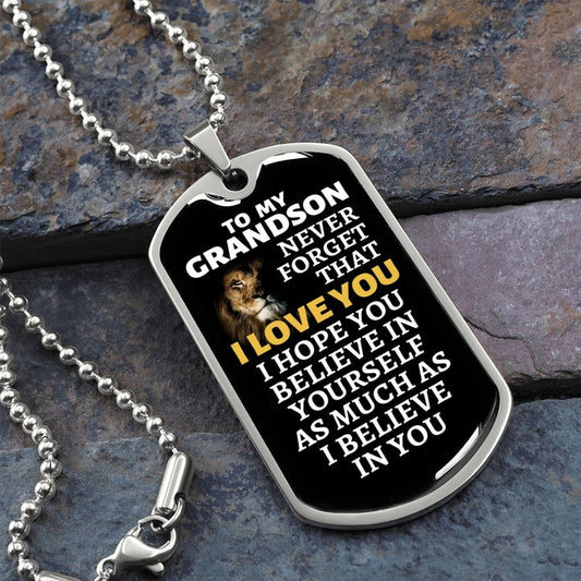 To My Grandson Lion Dog Tag Necklace - Never Forget I Love You - Motivational Graduation Gift - Grandson Birthday Gift - Christmas Gift Military Chain (Silver) / No