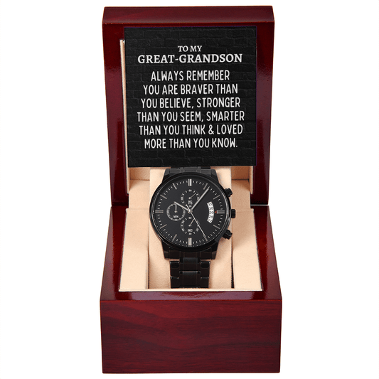 To My Great-Grandson Black Chronograph Watch - Always Remember Motivational Graduation Gift - Great-Grandson Wedding Gift - Birthday Gift