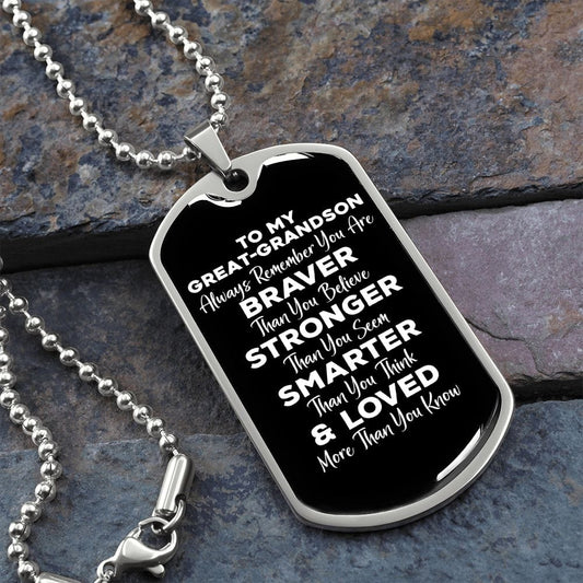 To My Great-grandson Dog Tag Necklace - Always Remember You Are Braver - Motivational Graduation Gift - Great-grandson Birthday Gift Military Chain (Silver) / No