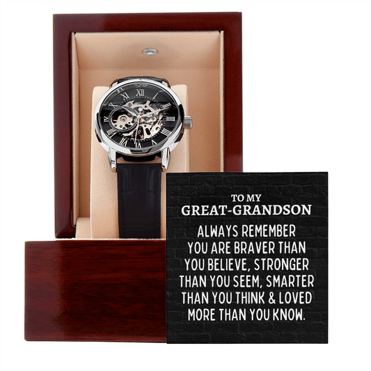 To My Great-Grandson Openwork Skeleton Watch - Always Remember Motivational Graduation Gift - Great-Grandson Wedding Gift - Birthday Gift