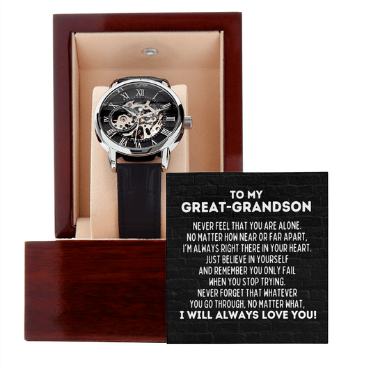 To My Great-Grandson Openwork Skeleton Watch, Motivational Graduation Gift, Great-Grandson Wedding Gift, Birthday Present for Great-Grandson Luxury Box w/Message Card