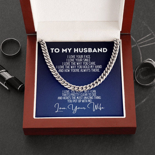 To My Husband Cuban Link Chain Necklace - I Love Your Face - Valentine&#39;s Day/Anniversary Gift for Hubby