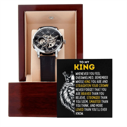 To My King Openwork Skeleton Watch - Gift for Boyfriend, Fiance, Husband, Partner - Motivational Graduation Birthday Christmas Wedding Gift