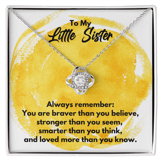 To My Little Sister Love Knot Necklace - Always Remember Motivational Graduation Gift - Little Sister Wedding Gift - Birthday Gift 14K White Gold Finish / Standard Box