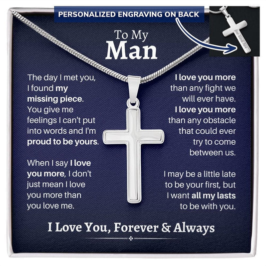 To My Man - Personalized Cross Necklace - My Missing Piece - Gift for Husband, Fiance, Boyfriend Two Toned Box