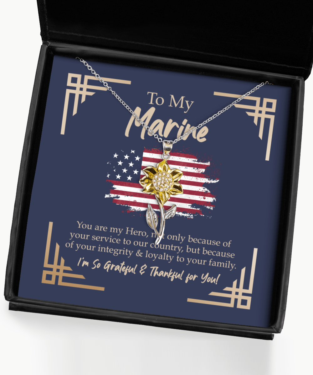 To My Marine Gifts - You Are My Hero - Sunflower Necklace for Promotion, Birthday, Christmas - Jewelry Gift for Veteran Wife, Girlfriend, Fiancee