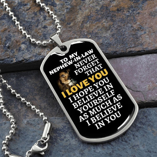 To My Nephew-in-Law Lion Dog Tag Necklace - Never Forget I Love You - Motivational Graduation Gift - Birthday Present - Christmas Gift Military Chain (Silver) / No