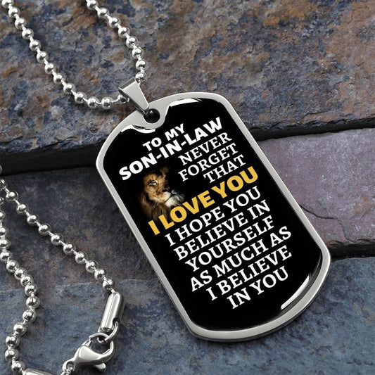 To My Son-in-Law Lion Dog Tag Necklace - Never Forget I Love You - Motivational Graduation Gift - Son-in-Law Birthday Gift - Christmas Gift Military Chain (Silver) / No