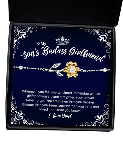 To My Son's Badass Girlfriend Sunflower Bracelet - Straighten Your Crown - Motivational Graduation Gift - Son's Girlfriend Birthday Christmas Gift