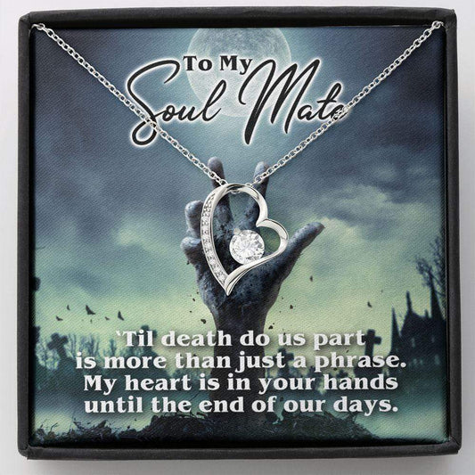 To My Soul Mate Necklace, Til Death Do Us Part Jewelry, Creepy Halloween Zombie Heart Necklace 14k White Gold Finish