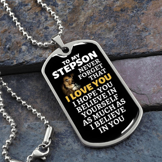 To My Stepson Lion Dog Tag Necklace - Never Forget I Love You - Motivational Graduation Gift - Stepson Birthday Gift - Christmas Gift Military Chain (Silver) / No