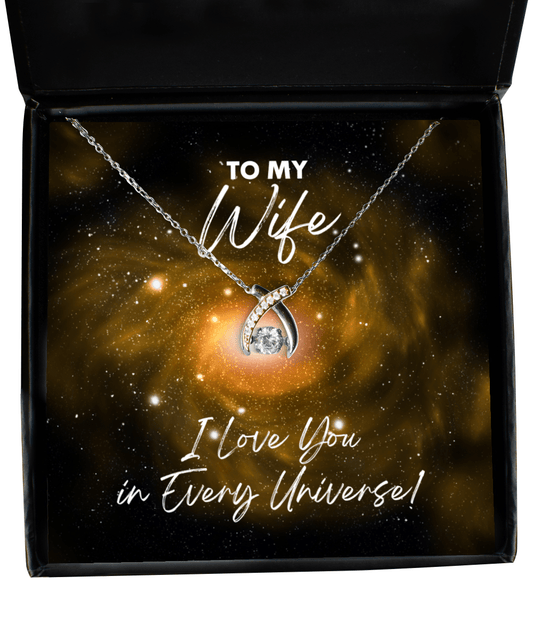 Wife Gift - I Love You In Every Universe - Wishbone Necklace for Birthday, Anniversary, Valentine's Day, Mother's Day, Christmas - Jewelry Gift for Comic Book Wife